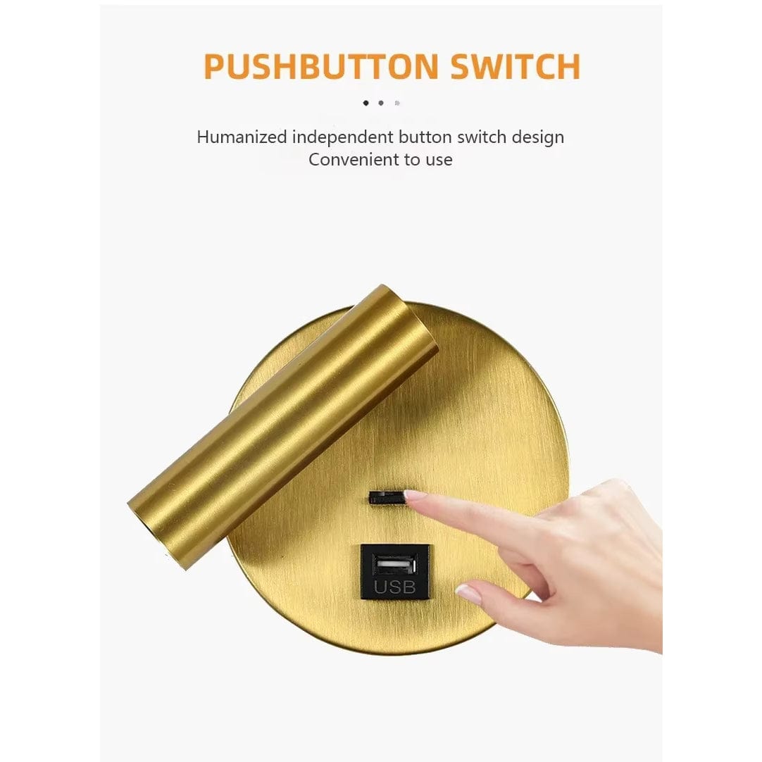 Verthara Modern LED Wall Light With Switch - Indoor - Adjustable - USB Charging - 350° Rotation - Black/Copper Finish