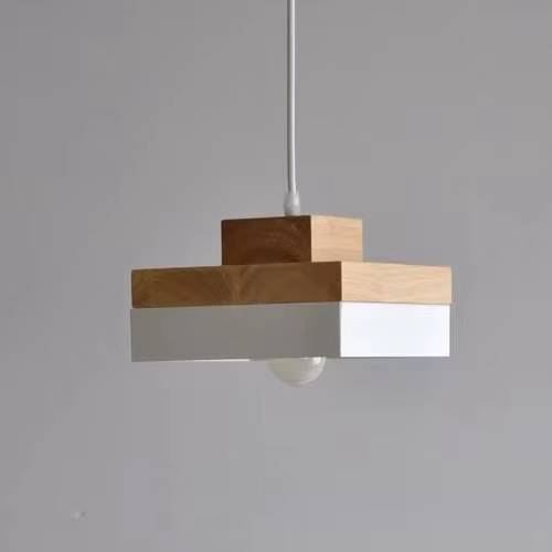 Verthara Modern Single-Head Chandelier Light in Wrought Iron and Solid Wood – Elegant Nordic Design for Restaurants and Cafes White / Square
