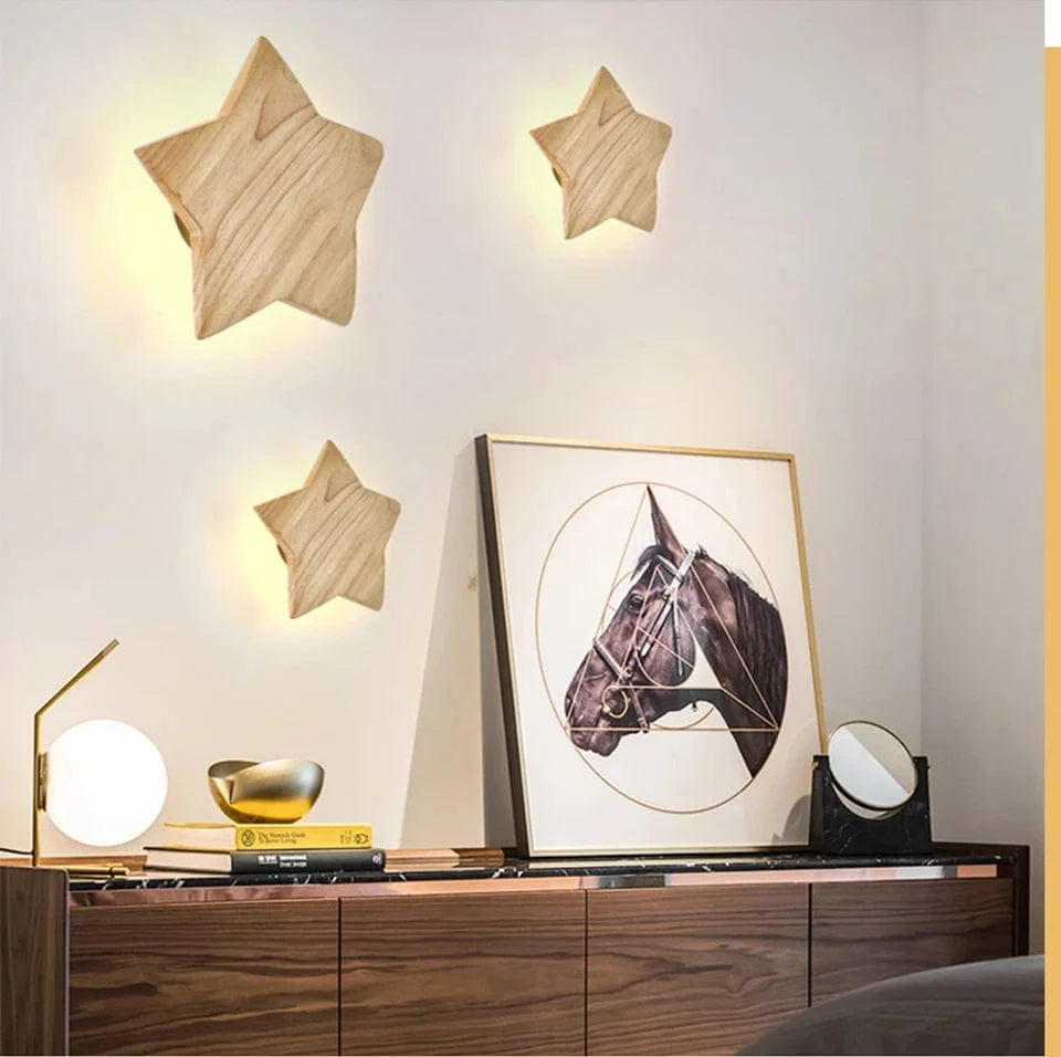 Verthara Modern Star-Shaped Wall Lamp in Solid Wood and Iron for Living Room and Bedroom – E27 Wall Lights Indoor Sconces