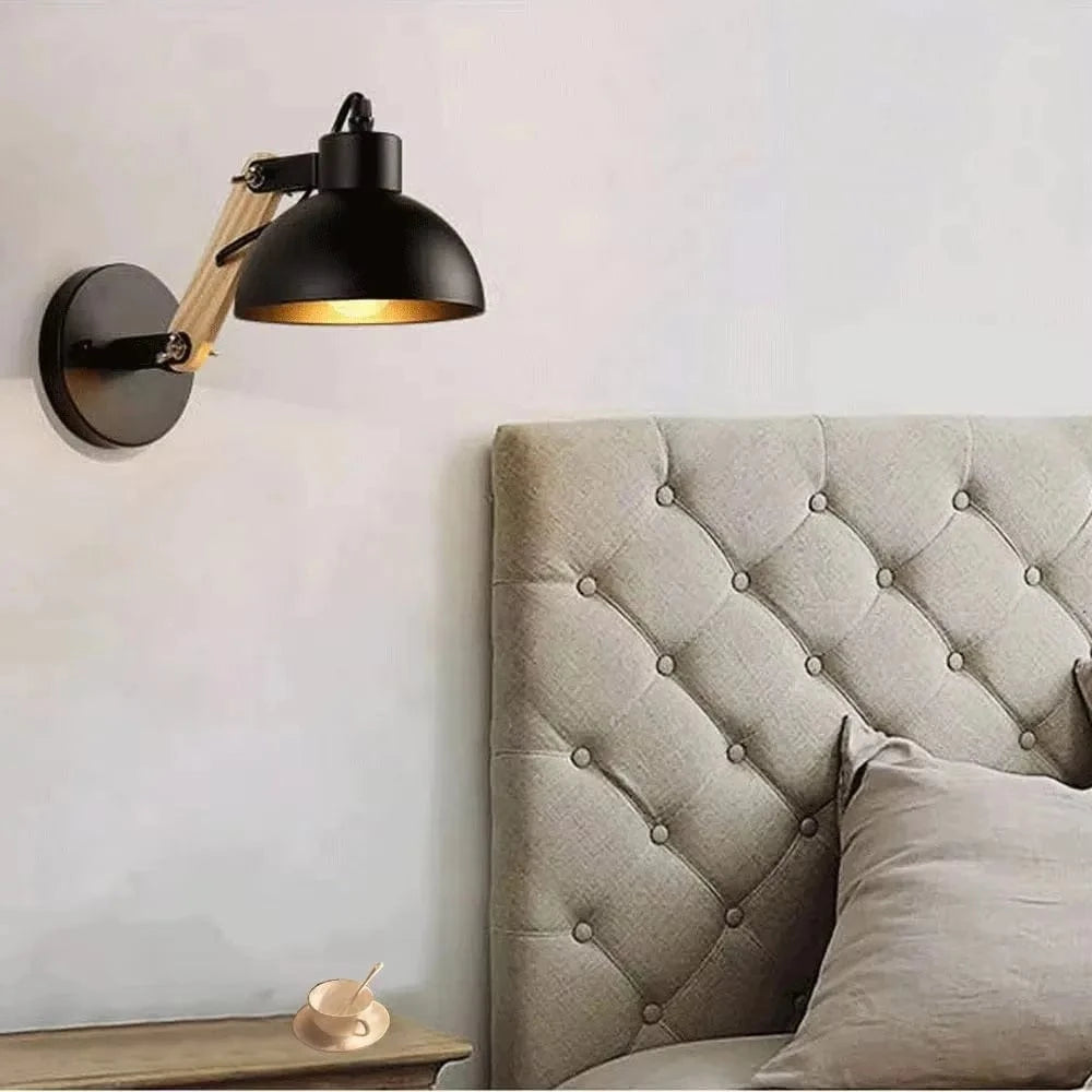 Verthara Nordic Adjustable Wall Lamp – Iron and Wood Sconce Light for Modern Home and Hotel Decoration Without Bulb / Black