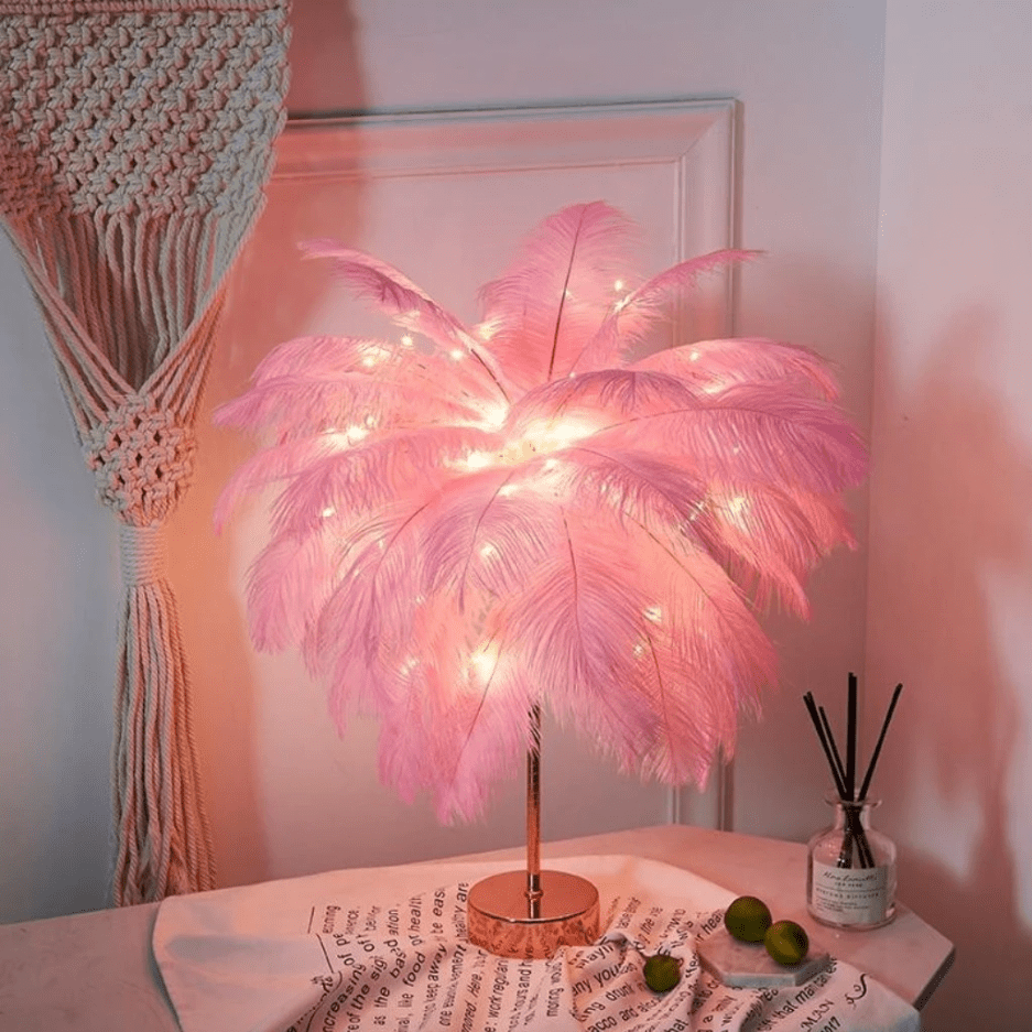 Verthara Ostrich Feather Design Palm Tree Rechargeable Table Lamps Pink