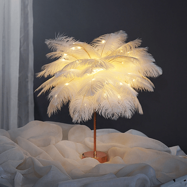 Verthara Ostrich Feather Design Palm Tree Rechargeable Table Lamps White