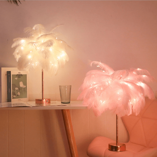 Verthara Ostrich Feather Design Palm Tree Rechargeable Table Lamps