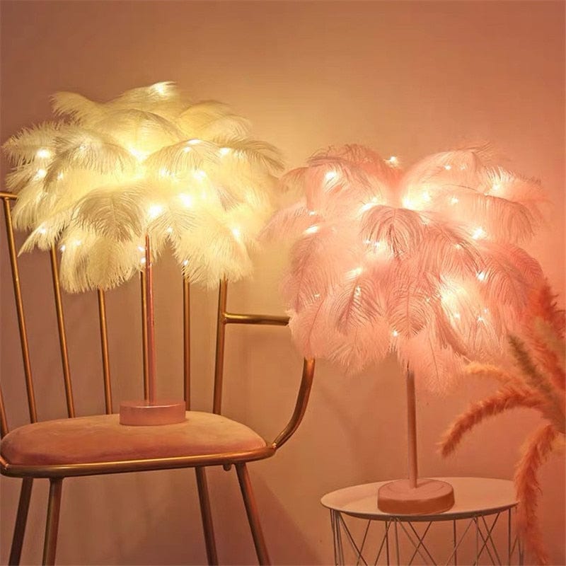 Verthara Ostrich Feather Design Palm Tree Rechargeable Table Lamps