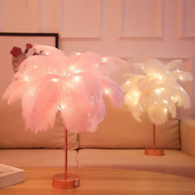 Verthara Ostrich Feather Design Palm Tree Rechargeable Table Lamps