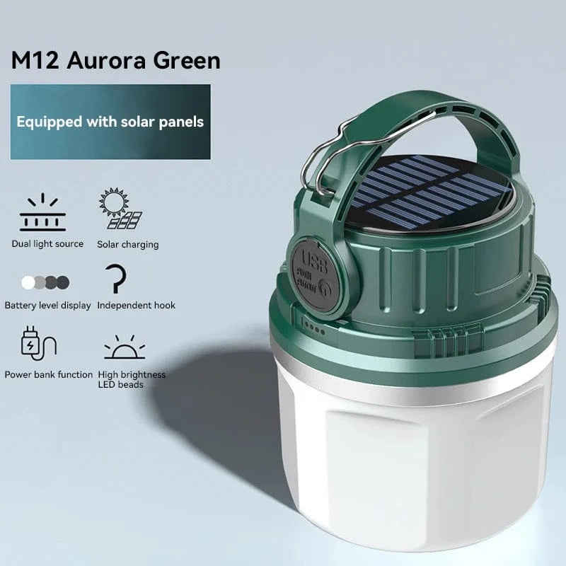 Verthara Portable LED Camping Lantern - Solar Rechargeable - Waterproof - Compact Design - Ideal For Outdoor Adventures - Emergency Use Green