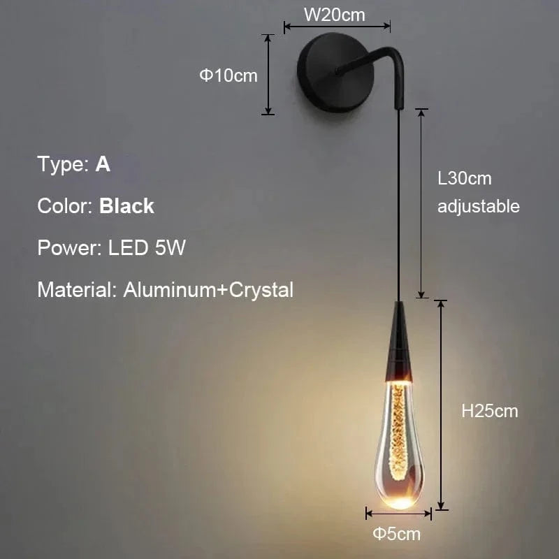 Verthara Post-Modern Crystal Wall Sconce with LED Lighting – Creative Raindrop Design for Bedroom and Corridor Wall Lamp