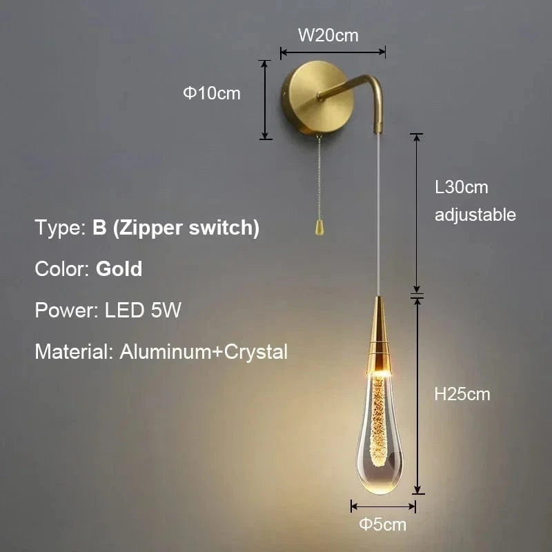 Verthara Post-Modern Crystal Wall Sconce with LED Lighting – Creative Raindrop Design for Bedroom and Corridor Wall Lamp
