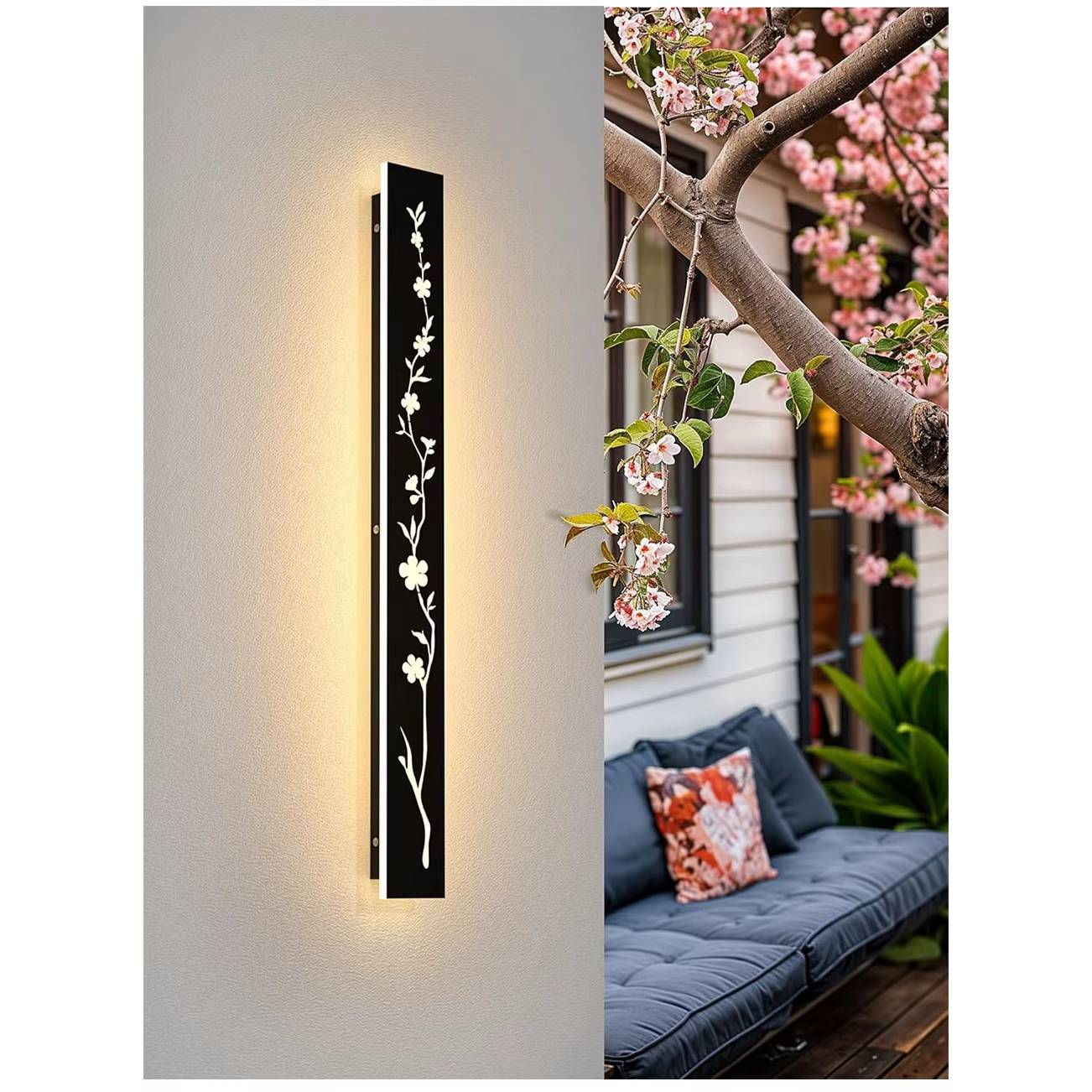 Verthara Premium Black LED Outdoor Wall Light with Waterproof IP67 Rating and Peach Flower Pattern - Stainless Steel Wall Sconce for Garden or Villa