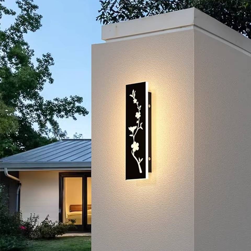 Verthara Premium Black LED Outdoor Wall Light with Waterproof IP67 Rating and Peach Flower Pattern - Stainless Steel Wall Sconce for Garden or Villa