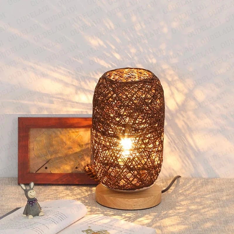 Verthara Rattan Twine Ball Table Lamp with Wooden Base – Warm White Bedside or Desk Lamp for Living Room and Bedroom Warm White / Brown