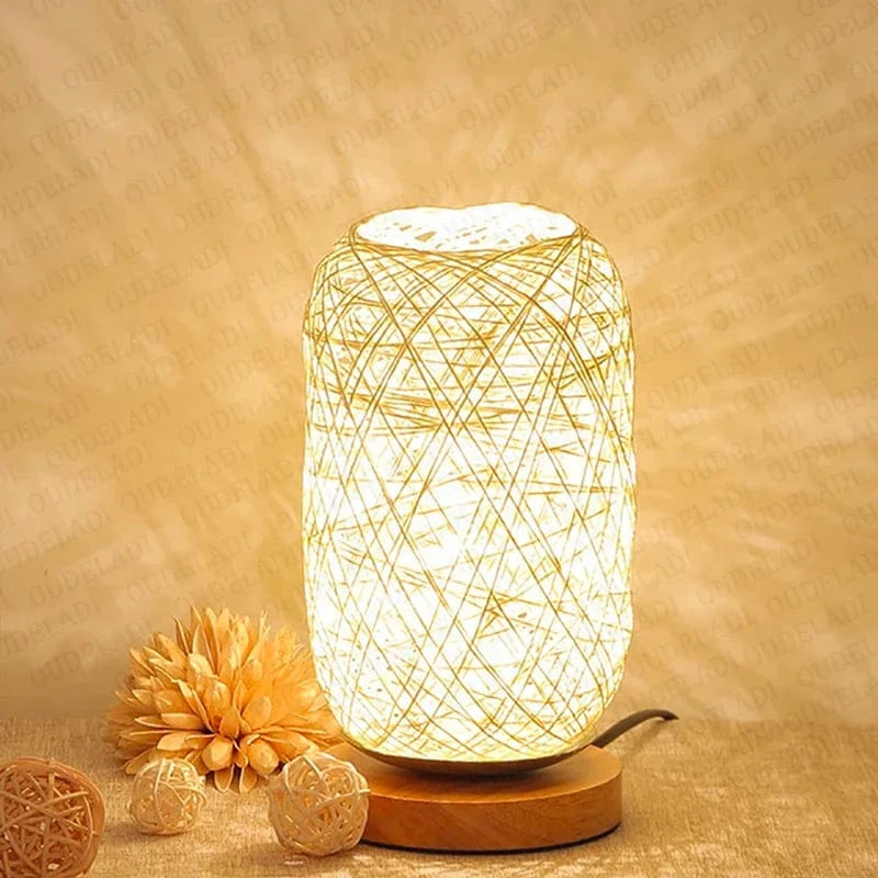 Verthara Rattan Twine Ball Table Lamp with Wooden Base – Warm White Bedside or Desk Lamp for Living Room and Bedroom Warm White / Beige