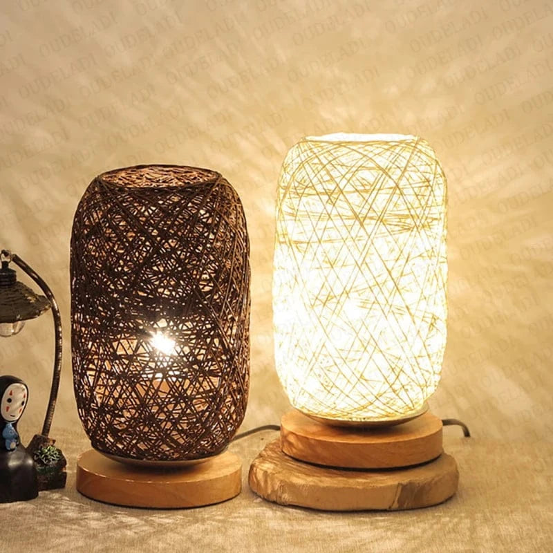 Verthara Rattan Twine Ball Table Lamp with Wooden Base – Warm White Bedside or Desk Lamp for Living Room and Bedroom