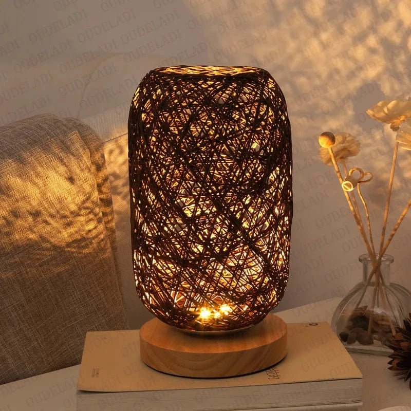 Verthara Rattan Twine Ball Table Lamp with Wooden Base – Warm White Bedside or Desk Lamp for Living Room and Bedroom