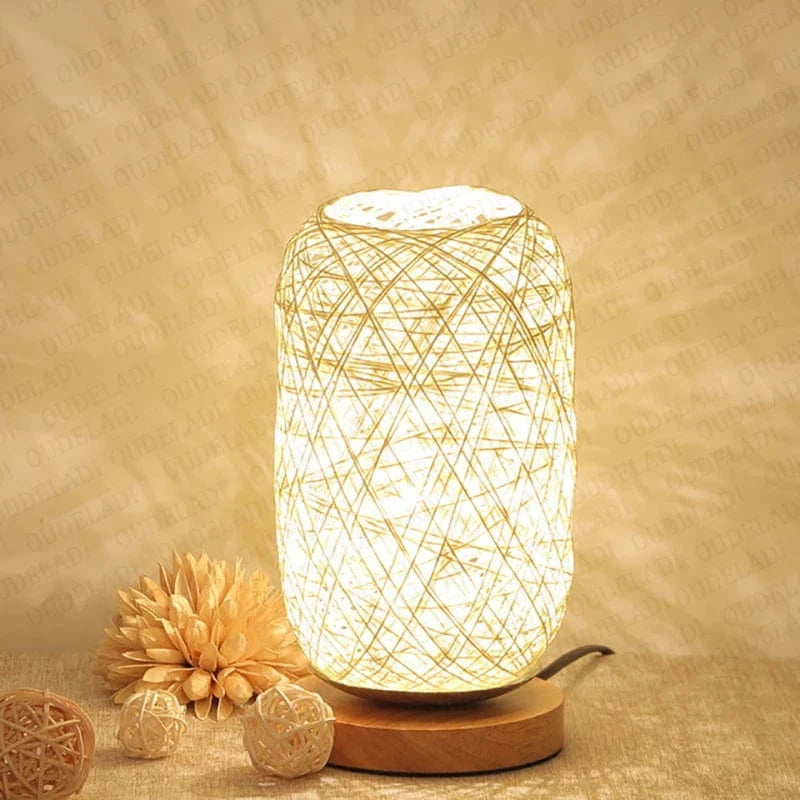 Verthara Rattan Twine Ball Table Lamp with Wooden Base – Warm White Bedside or Desk Lamp for Living Room and Bedroom