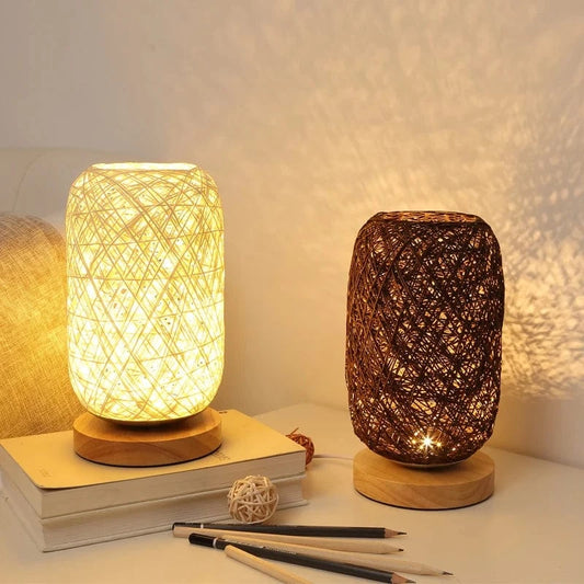 Verthara Rattan Twine Ball Table Lamp with Wooden Base – Warm White Bedside or Desk Lamp for Living Room and Bedroom