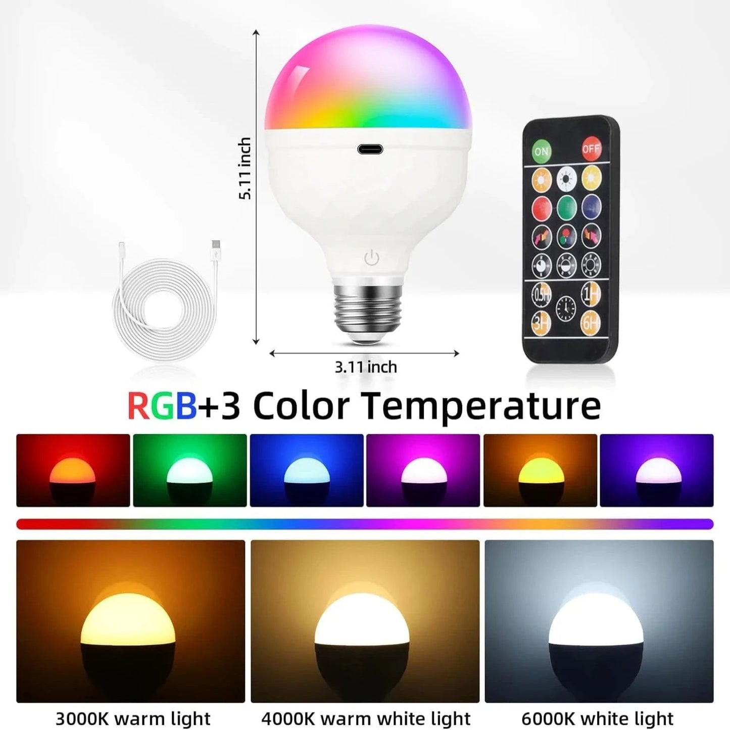 Verthara Rechargeable LED Light Bulb With Remote Control – Dimmable - Multi-Colour - Timer Function - 270° Beam Angle - Portable Design