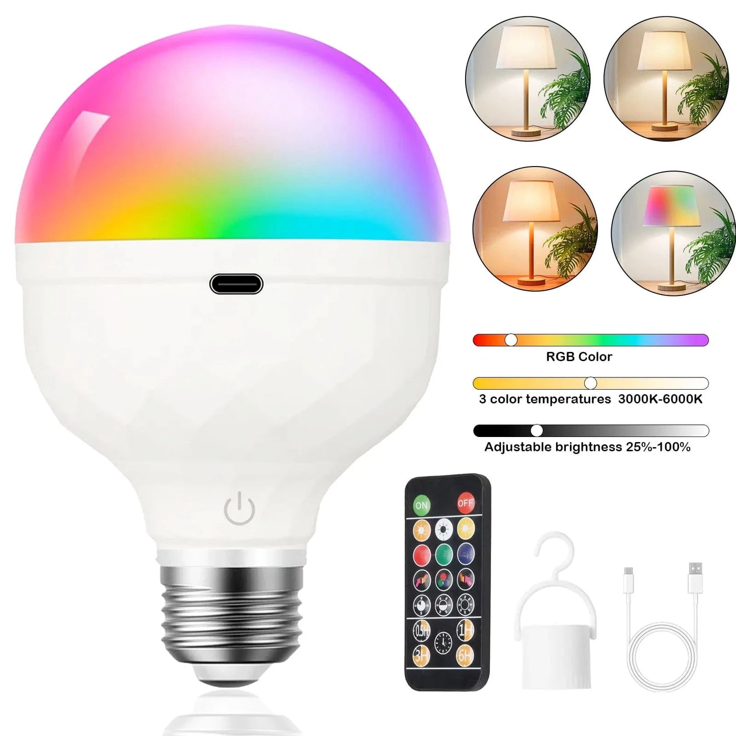 Verthara Rechargeable LED Light Bulb With Remote Control – Dimmable - Multi-Colour - Timer Function - 270° Beam Angle - Portable Design 1 PCS