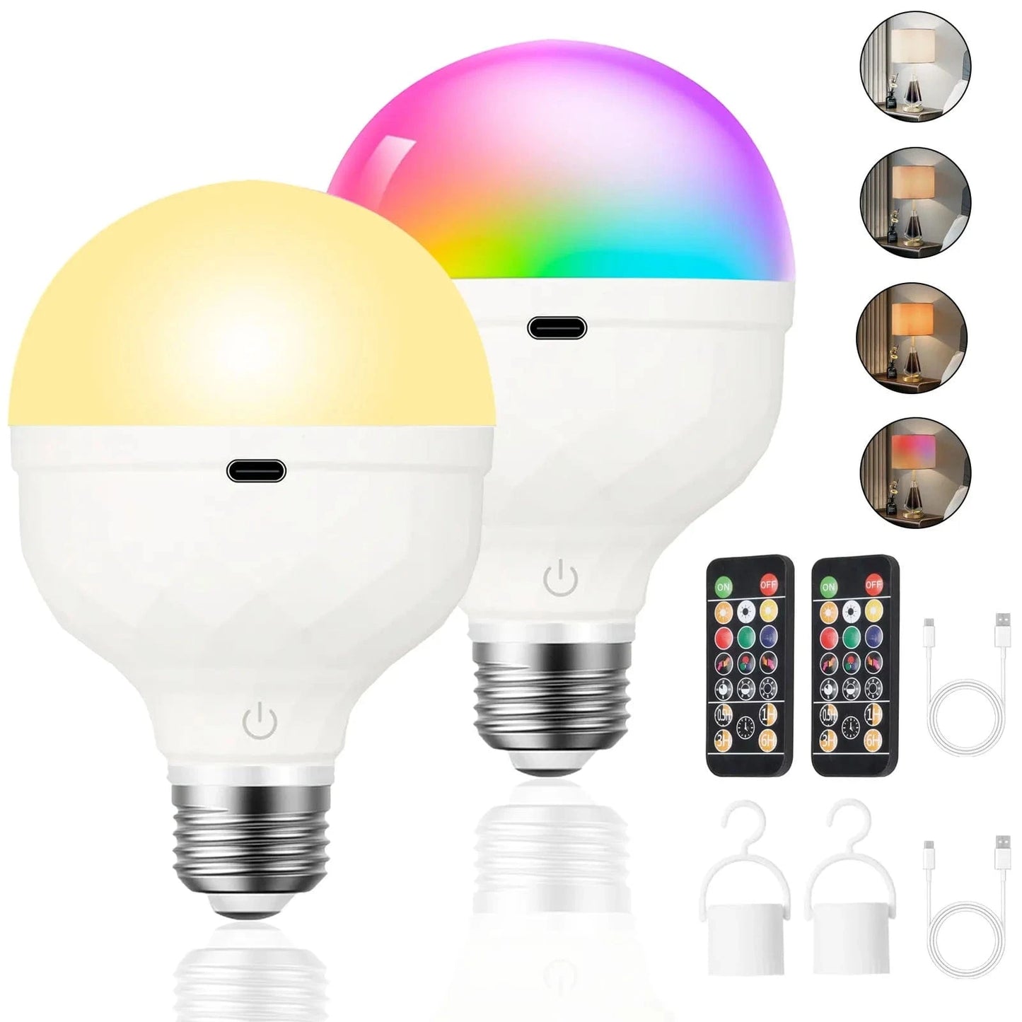Verthara Rechargeable LED Light Bulb With Remote Control – Dimmable - Multi-Colour - Timer Function - 270° Beam Angle - Portable Design 2 PCS