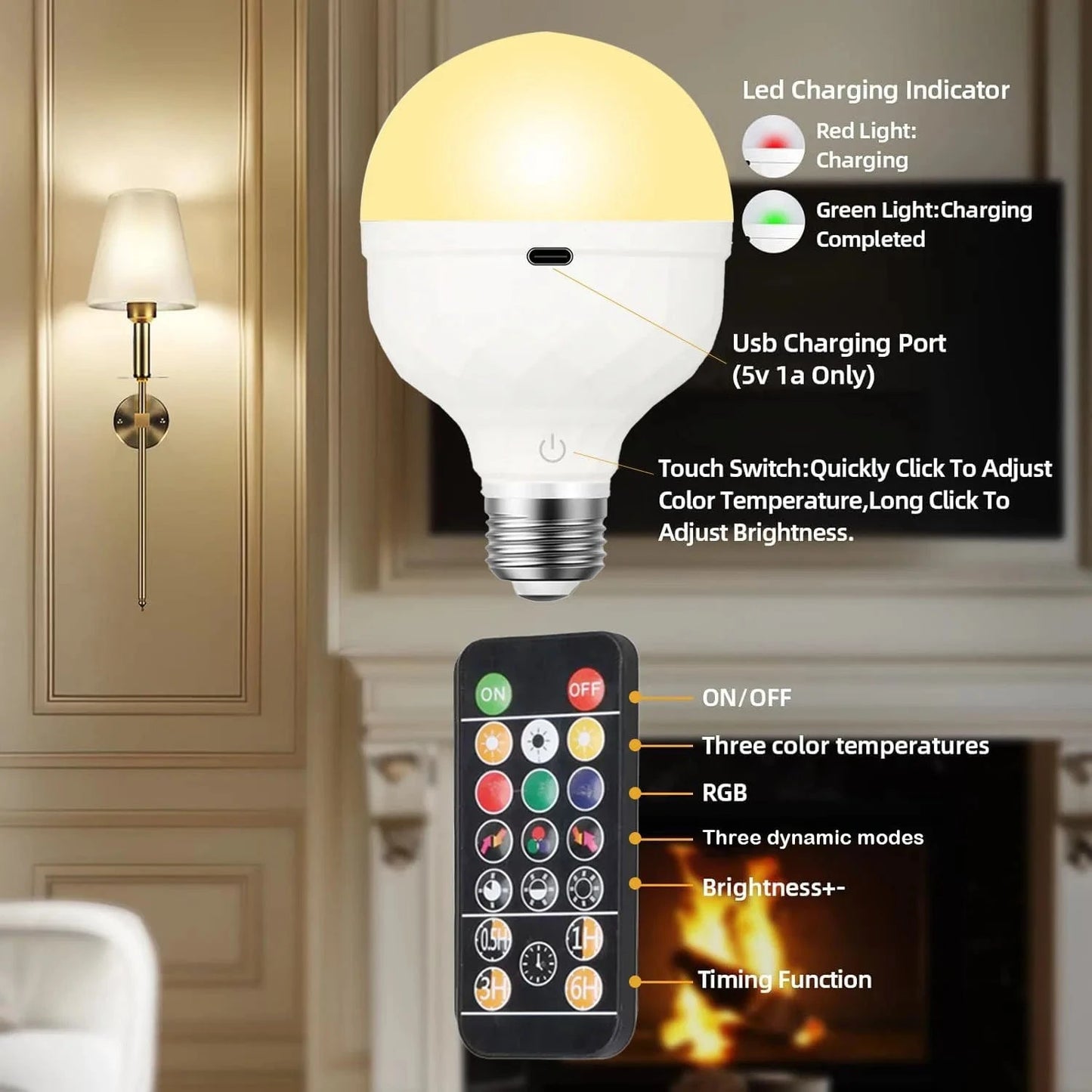 Verthara Rechargeable LED Light Bulb With Remote Control – Dimmable - Multi-Colour - Timer Function - 270° Beam Angle - Portable Design