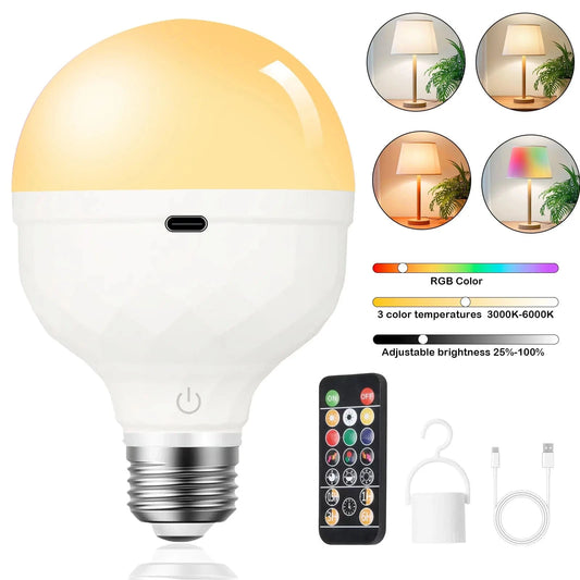Verthara Rechargeable LED Light Bulb With Remote Control – Dimmable - Multi-Colour - Timer Function - 270° Beam Angle - Portable Design