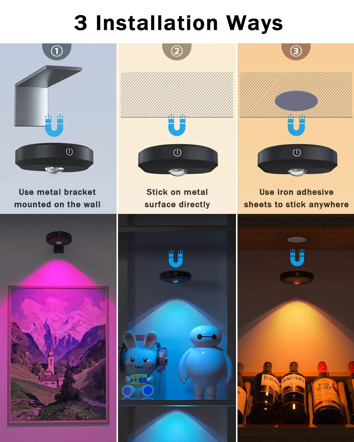 Verthara Rechargeable LED Puck Lights With Magnetic Mount – RGB Colour Temperature - Adjustable Brightness - Indoor Art Lighting - Remote Control