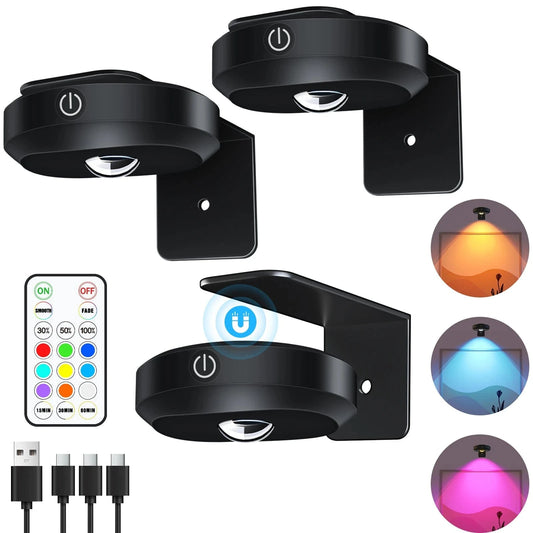 Verthara Rechargeable LED Puck Lights With Magnetic Mount – RGB Colour Temperature - Adjustable Brightness - Indoor Art Lighting - Remote Control RGB Light--Black
