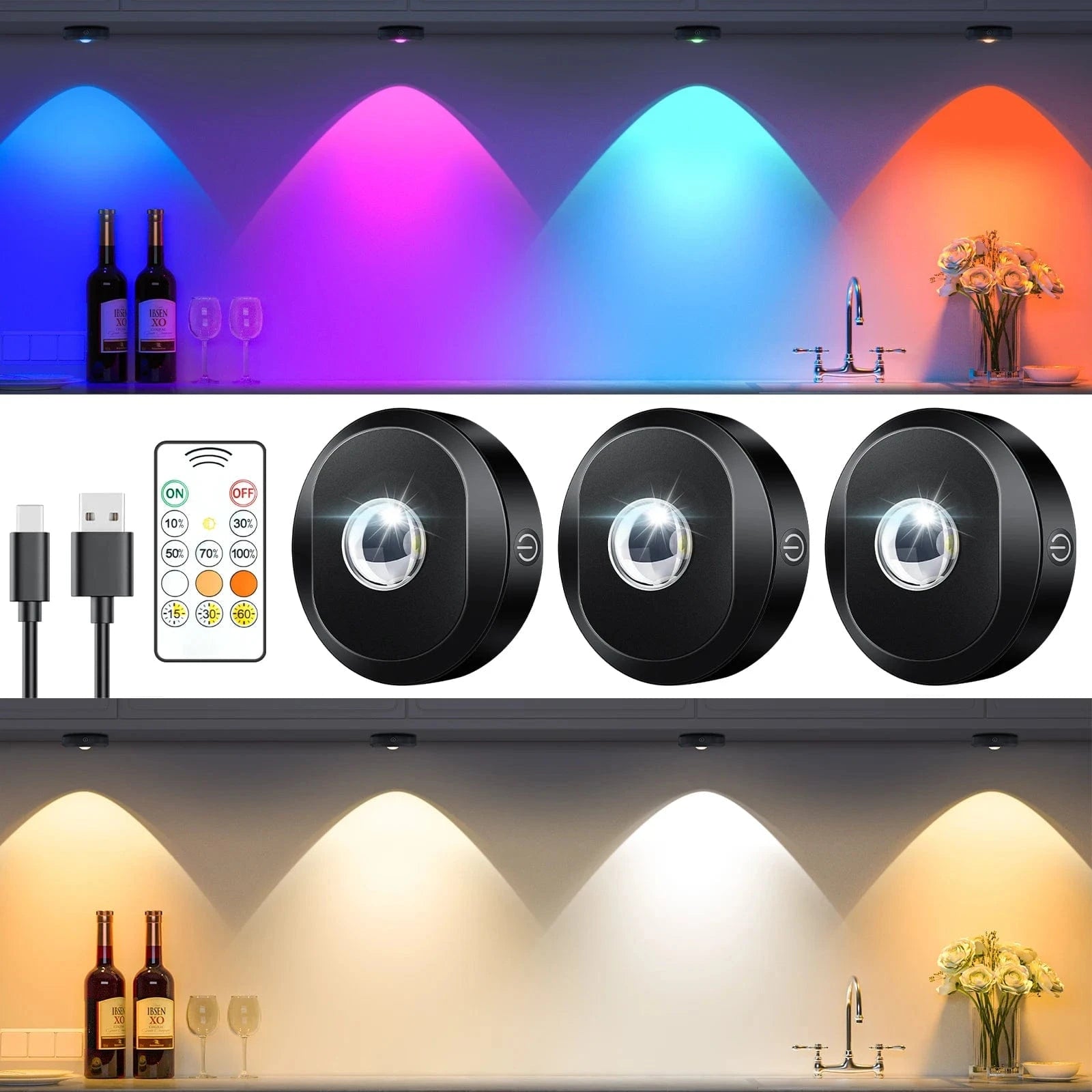 Verthara Rechargeable Puck Lights with Remote Control – Adjustable Color Temperature, Timer, and Magnetic Design for Wall and Cabinet Lighting