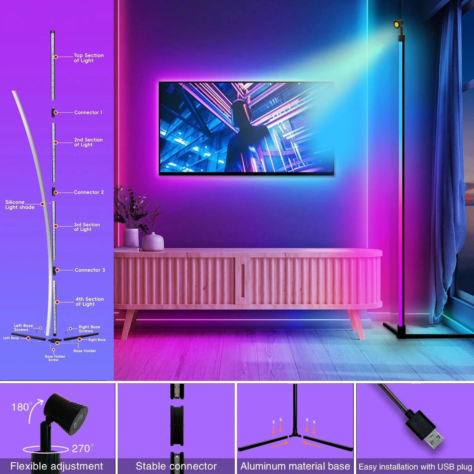 Verthara Smart RGB LED Floor Lamp with Dimmable Functionality for Living Room and Gaming Room - 16 Million Colors, Music Sync, Energy Efficient
