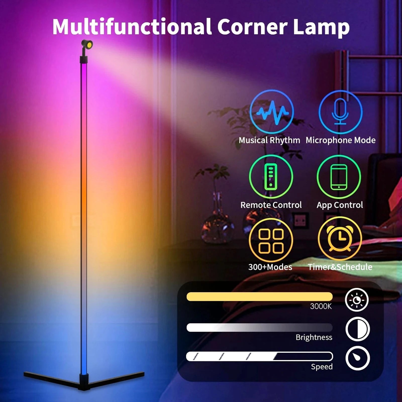 Verthara Smart RGB LED Floor Lamp with Dimmable Functionality for Living Room and Gaming Room - 16 Million Colors, Music Sync, Energy Efficient
