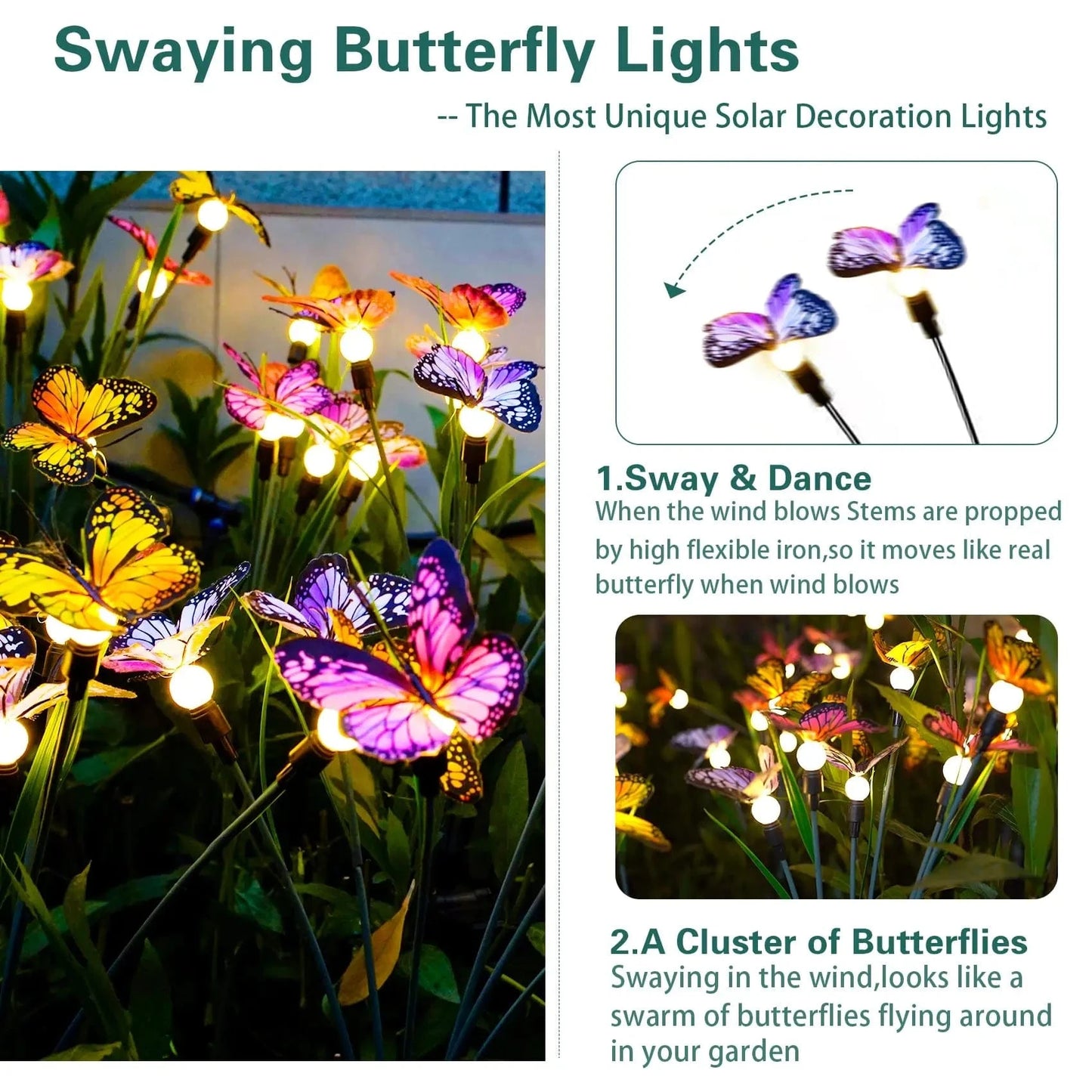 Verthara Solar Garden Light With 8 Modes – Outdoor Decorative Lamp - Durable - Weather Resistant - Unique Butterfly Design