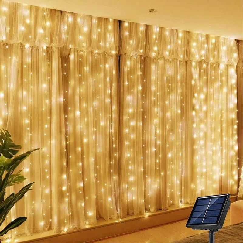 Verthara Solar LED Curtain Light - Copper Wire String Lights Warm Light / 3x1m 100LEDs