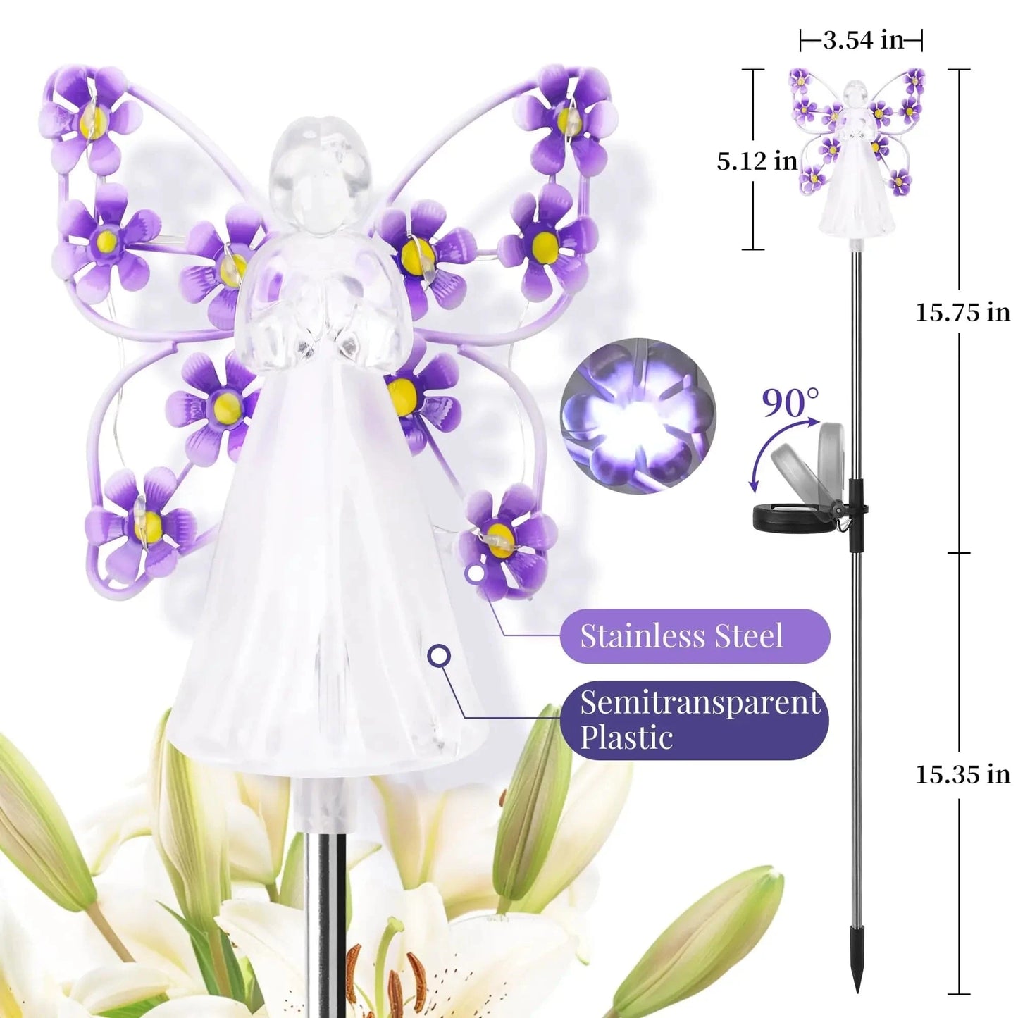 Verthara Solar LED Garden Light - Angel Design - Waterproof - Outdoor Decorative - Automatic On/Off - Durable Stainless Steel