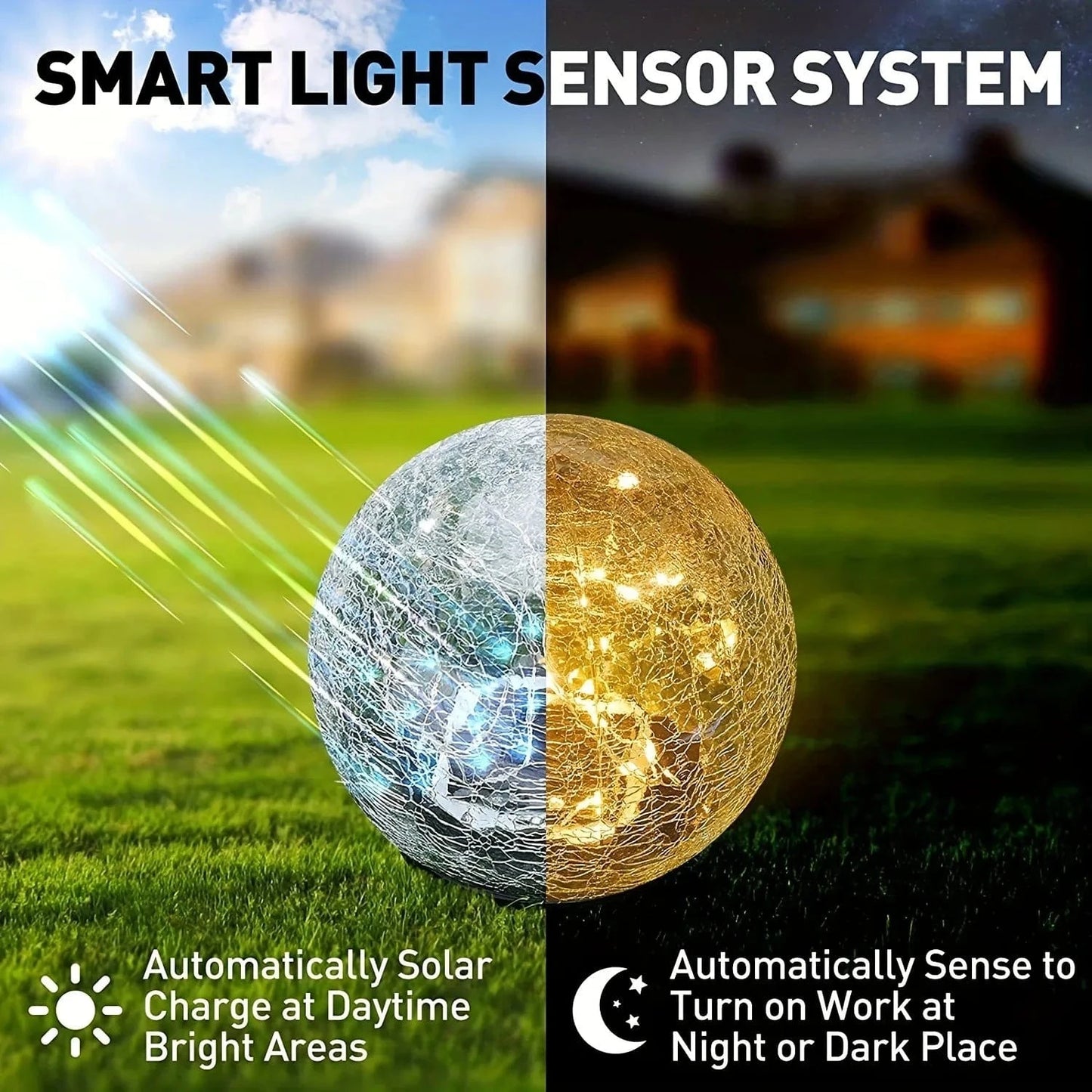 Verthara Solar LED Garden Light - Cracked Glass Ball Design - Waterproof - Warm White - Outdoor - Patio - Lawn Decor