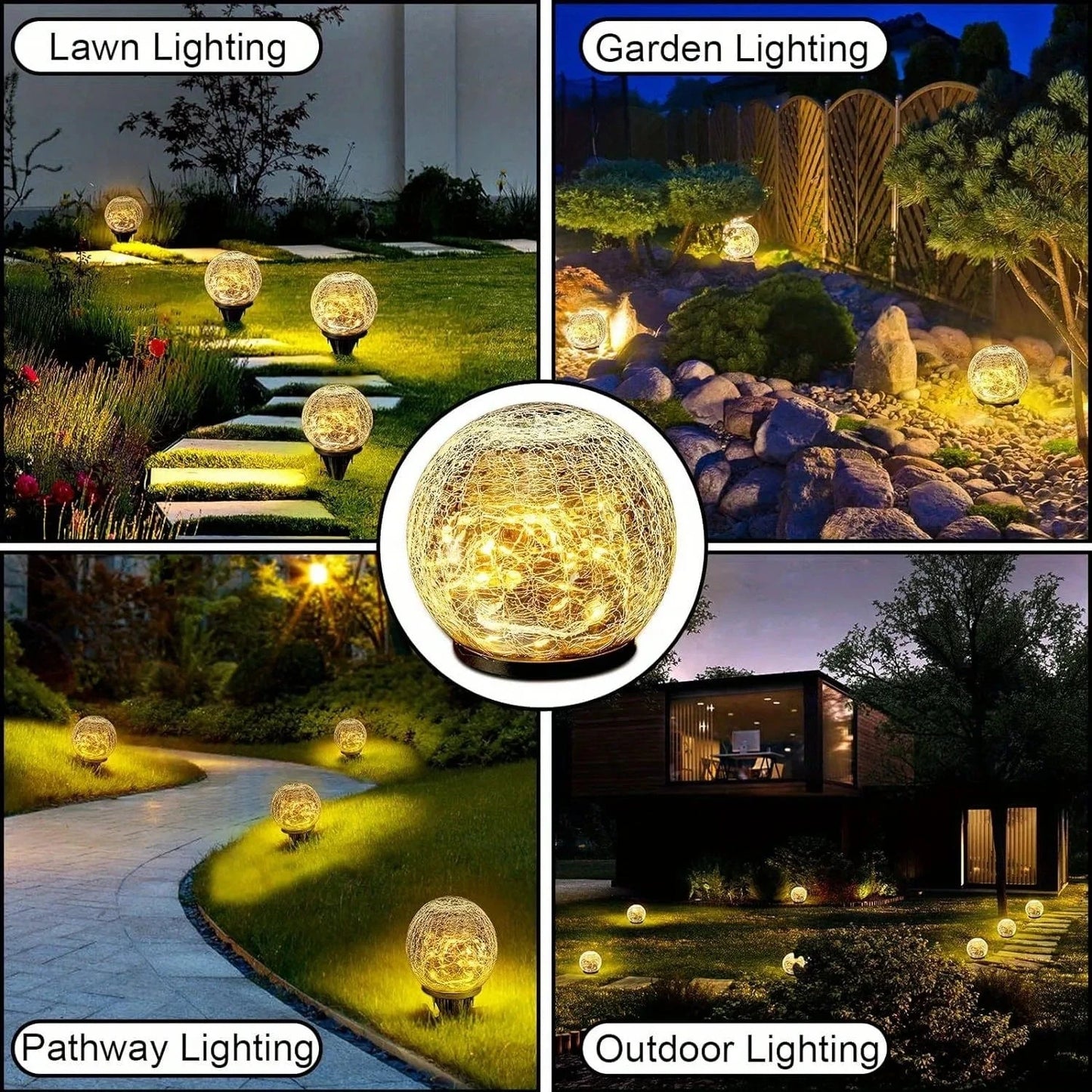 Verthara Solar LED Garden Light - Cracked Glass Ball Design - Waterproof - Warm White - Outdoor - Patio - Lawn Decor