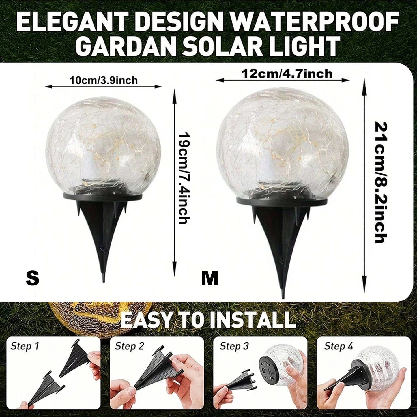 Verthara Solar LED Garden Light - Cracked Glass Ball Design - Waterproof - Warm White - Outdoor - Patio - Lawn Decor