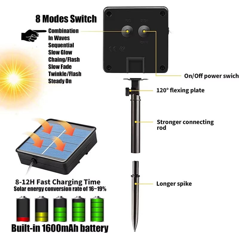 Verthara Solar LED Rope Light – Waterproof – 300 LEDs – 8 Lighting Modes – Outdoor Christmas Lights – Warm White/Colourful Options