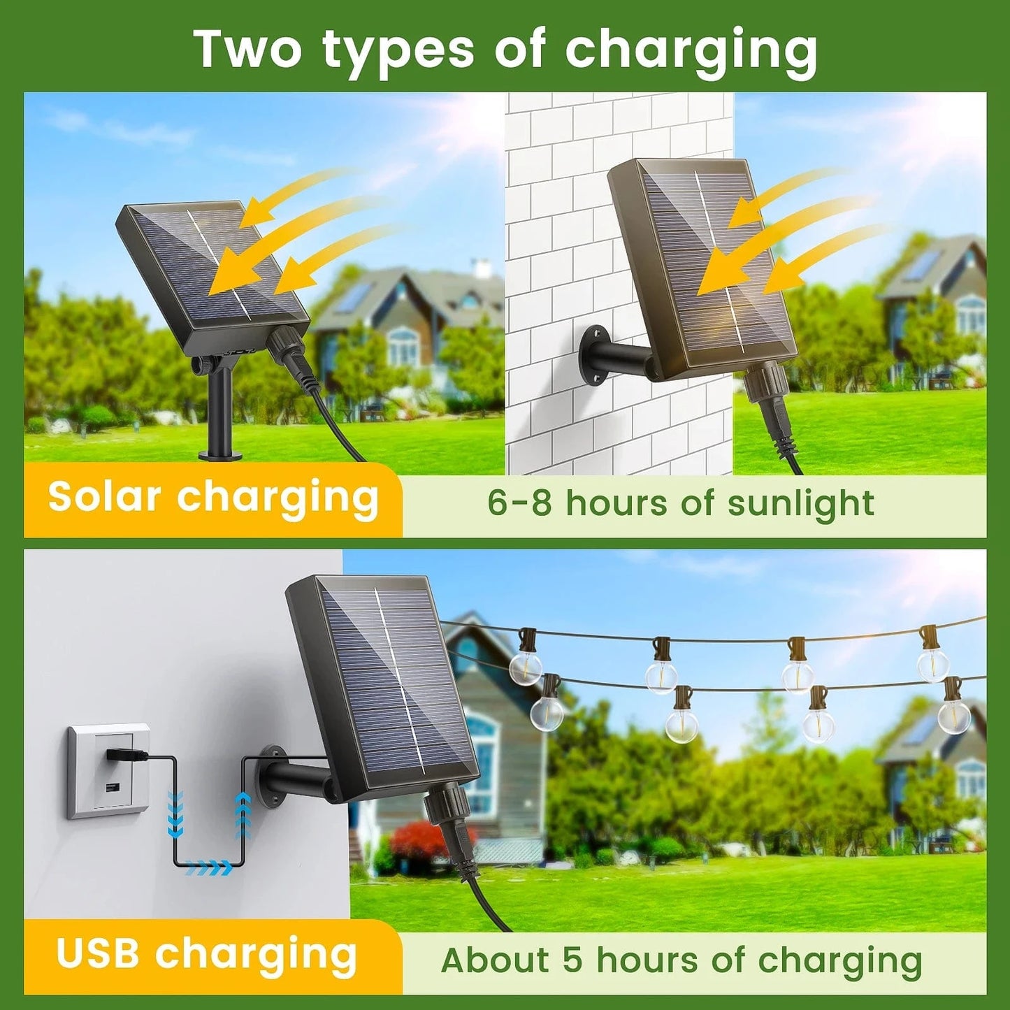 Verthara Solar LED String Lights – 20m - G40 Bulbs - Waterproof - Dimmable - USB & Solar Charging - 8 Lighting Modes - Ideal For Outdoor Decoration Default
