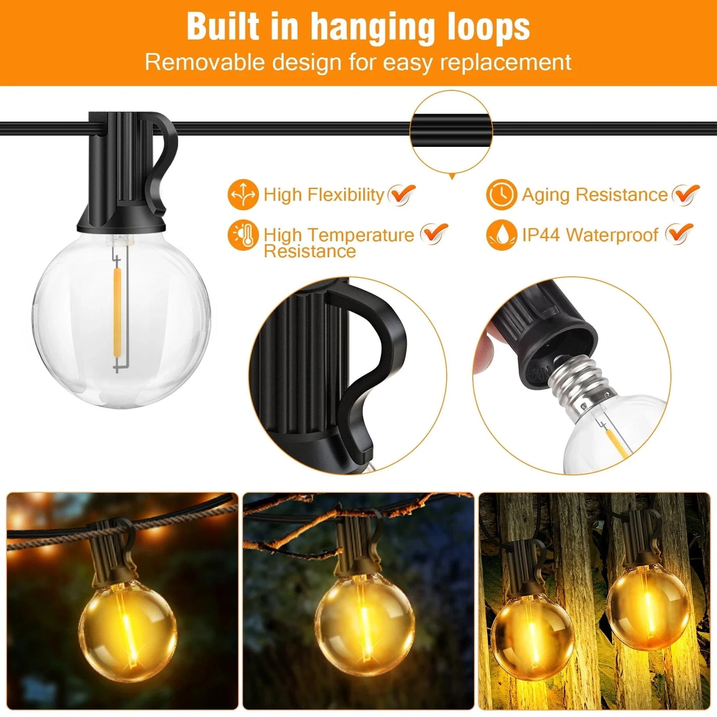 Verthara Solar LED String Lights – 20m - G40 Bulbs - Waterproof - Dimmable - USB & Solar Charging - 8 Lighting Modes - Ideal For Outdoor Decoration Default