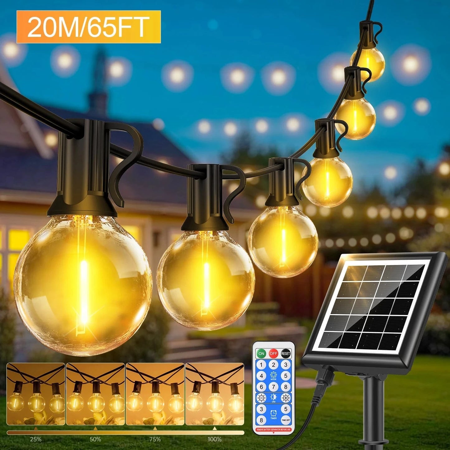 Verthara Solar LED String Lights – 20m - G40 Bulbs - Waterproof - Dimmable - USB & Solar Charging - 8 Lighting Modes - Ideal For Outdoor Decoration Default