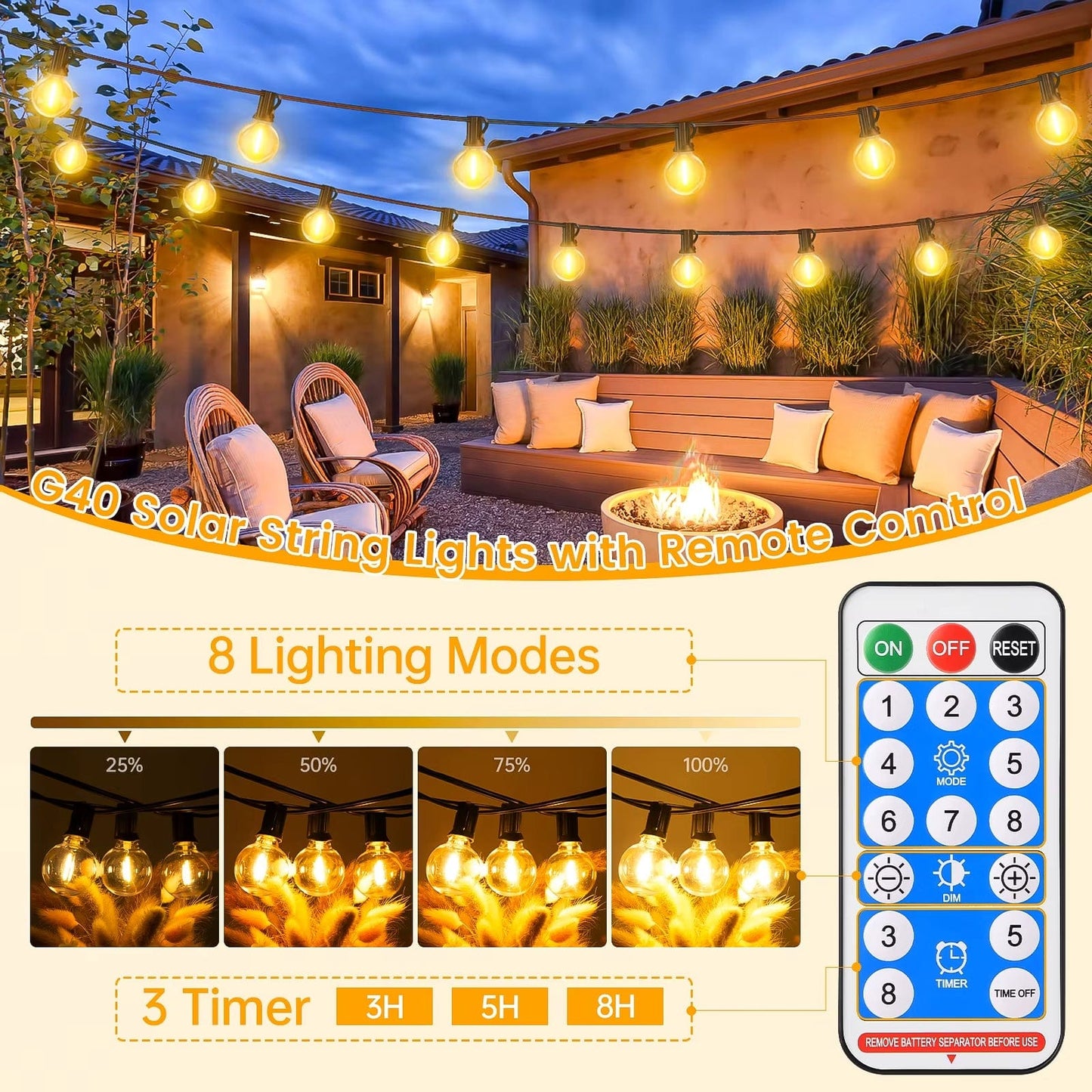 Verthara Solar LED String Lights – 20m - G40 Bulbs - Waterproof - Dimmable - USB & Solar Charging - 8 Lighting Modes - Ideal For Outdoor Decoration Default