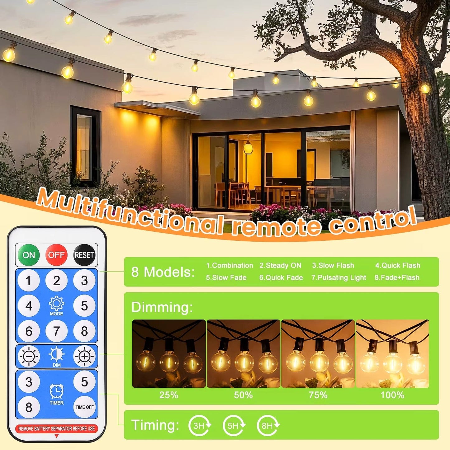 Verthara Solar LED String Lights – 20m - G40 Bulbs - Waterproof - Dimmable - USB & Solar Charging - 8 Lighting Modes - Ideal For Outdoor Decoration Default