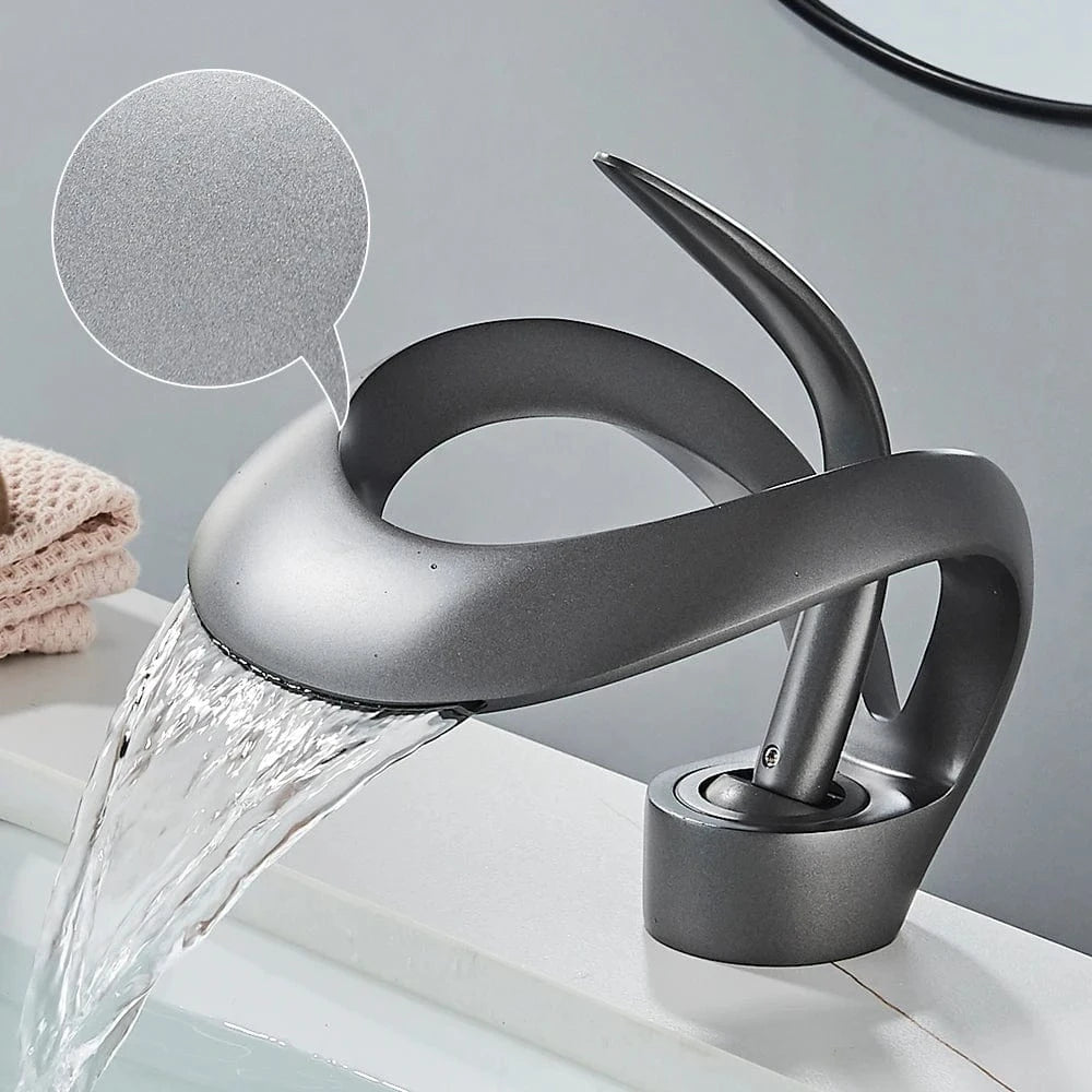 Verthara Solid Brass Waterfall Bathroom Faucet with Single Handle Mixer – Hot and Cold Water Basin Tap Matte Grey-d