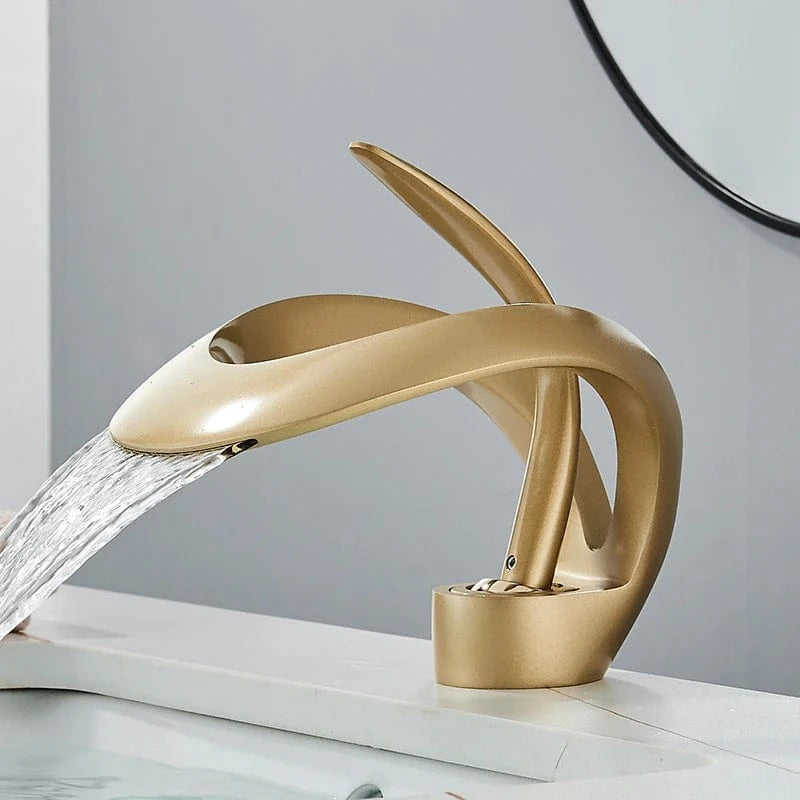 Verthara Solid Brass Waterfall Bathroom Faucet with Single Handle Mixer – Hot and Cold Water Basin Tap