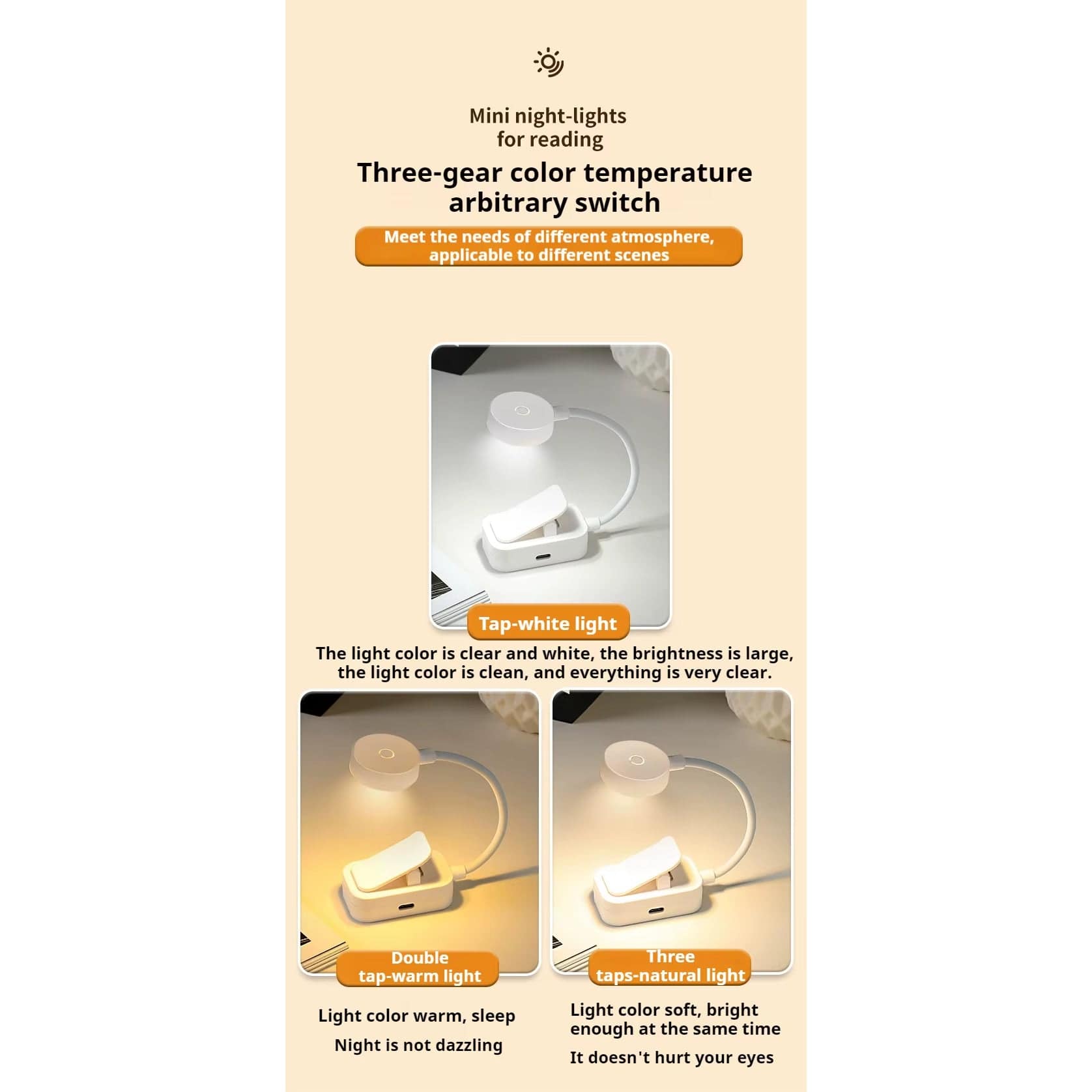 Verthara USB Rechargeable LED Book Light With Clip - Dimmable - 3 Colour Temperature Modes - 360° Flexible Neck - Eye Protection - Portable Design Default