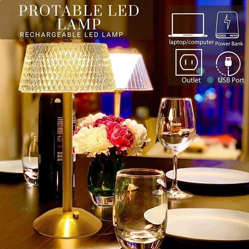 Verthara USB Rechargeable LED Table Lamp – Cordless - Dimmable - Crystal Design - Adjustable Brightness - Ideal For Bedroom - Office - Events