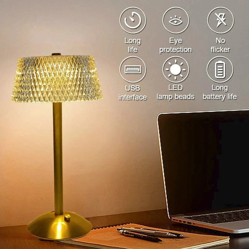 Verthara USB Rechargeable LED Table Lamp – Cordless - Dimmable - Crystal Design - Adjustable Brightness - Ideal For Bedroom - Office - Events