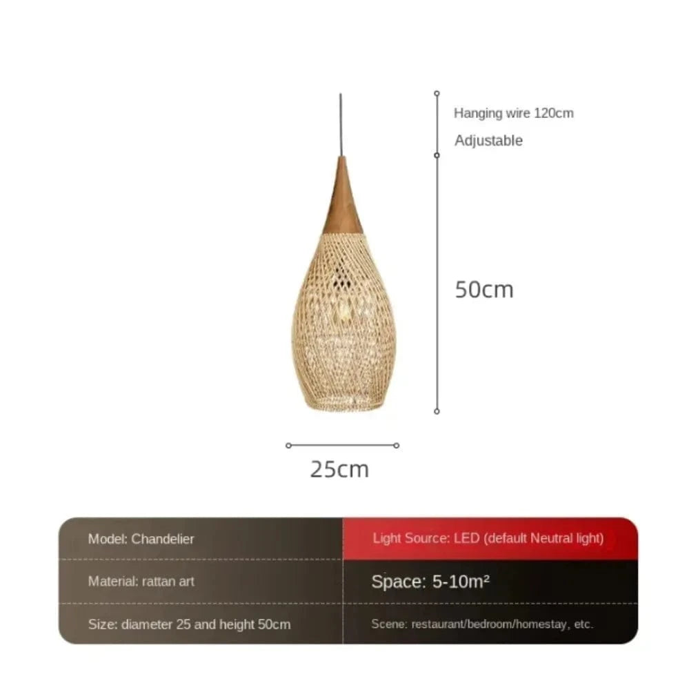 Verthara Vintage Handmade Rattan Pendant Light – Japanese Style LED Lighting for Kitchen Island and Dining Room