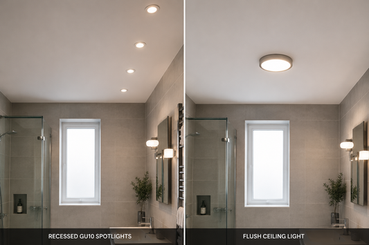 UK bathroom with layered lighting and wall sconces