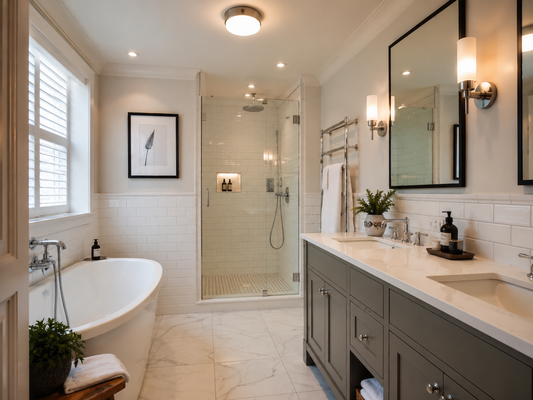 UK bathroom with recessed spotlights and flush ceiling light